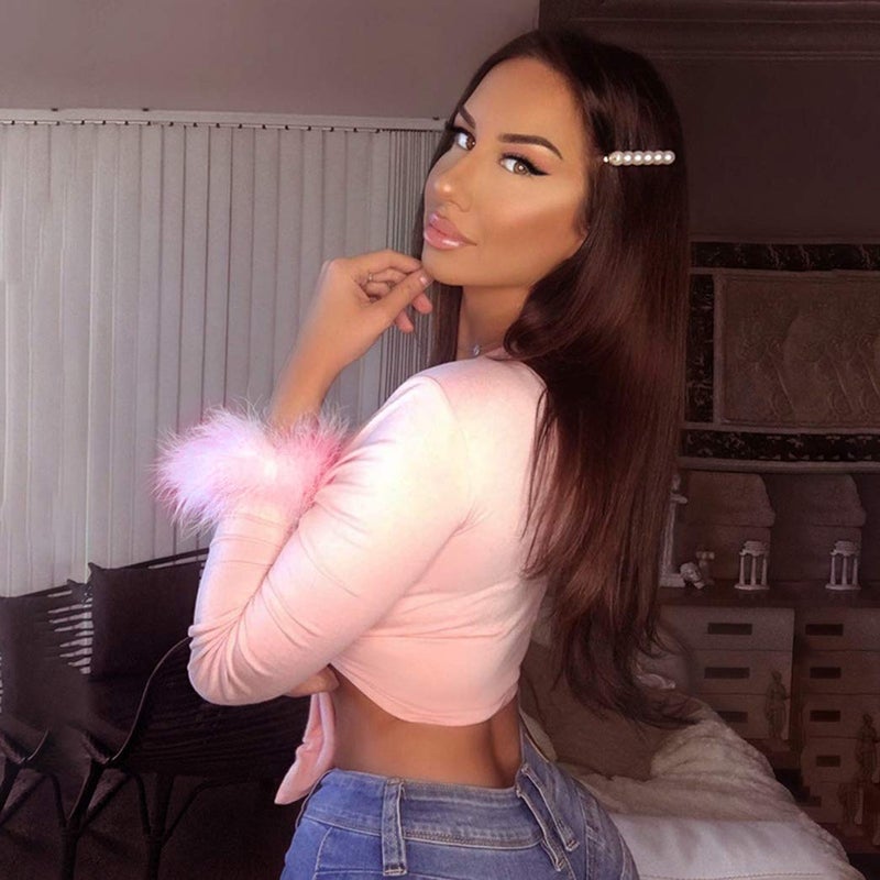 Newfancy Women's Sexy Long Sleeve Tie Up Crop Top Feather Trim Deep V Neck Basic Tight Shirt Faux Fur Blouse, Pink, Large - Image 2